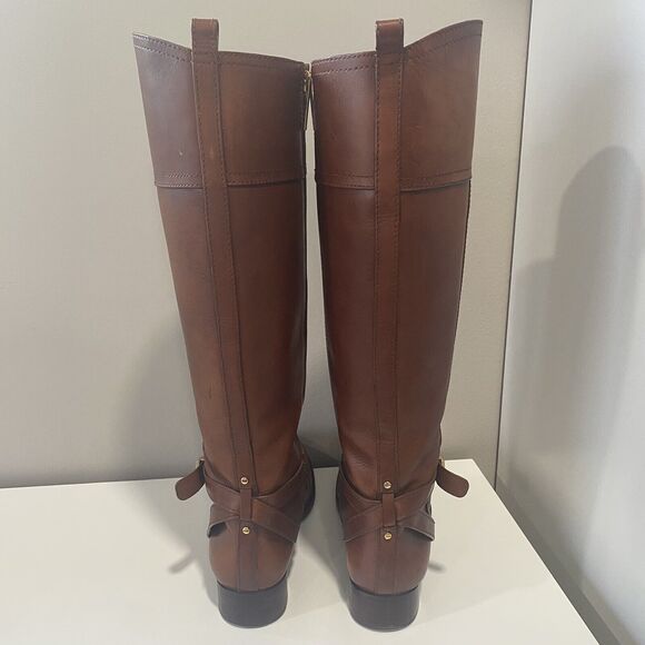 TORY BURCH BRITA Brown Leather Riding Boots 7.5 Gold Logo Tall Knee High Womens - Picture 9 of 16